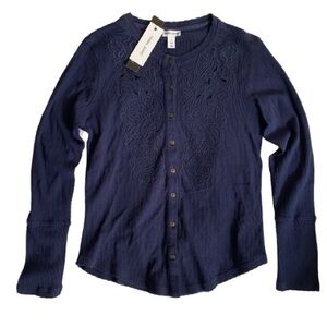 Tribal Jeans Women's Navy Button-Up Top Size S Petite embroidered cutout detail